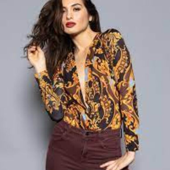 Zara Deep V Elegant Baroque Print Bodysuit - Picture 4 of 16